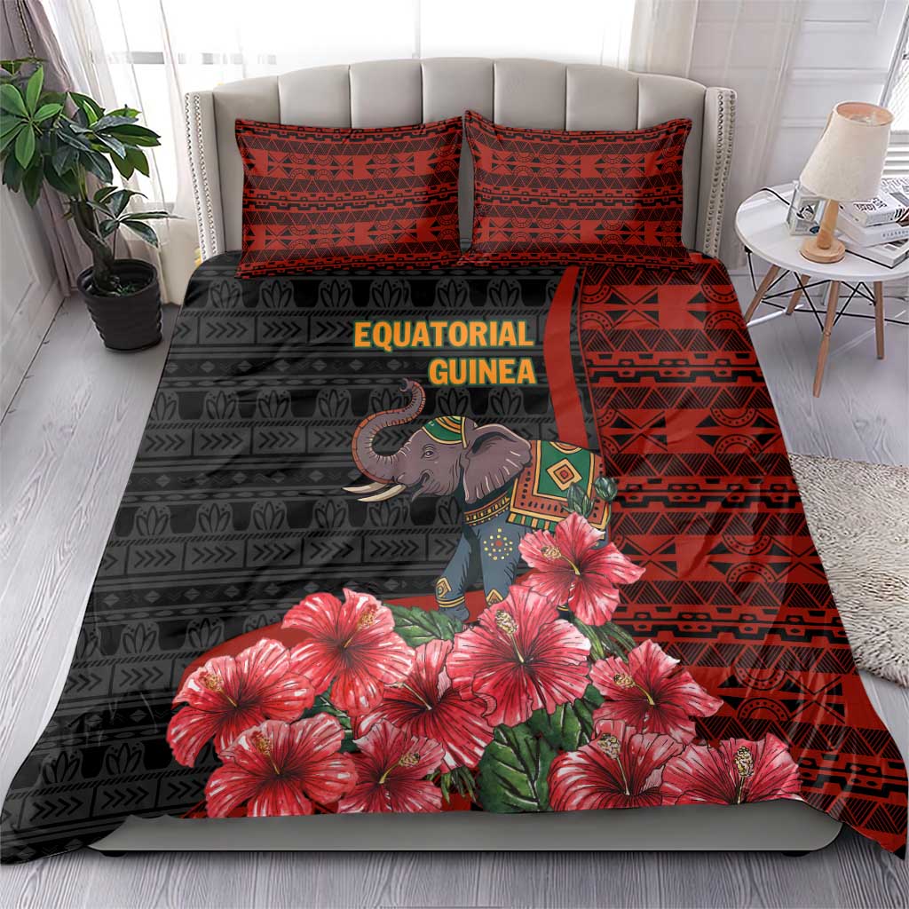 Equatorial Guinea Elephant Bedding Set - Hibiscus Flowers and Tribal Patterns TS04