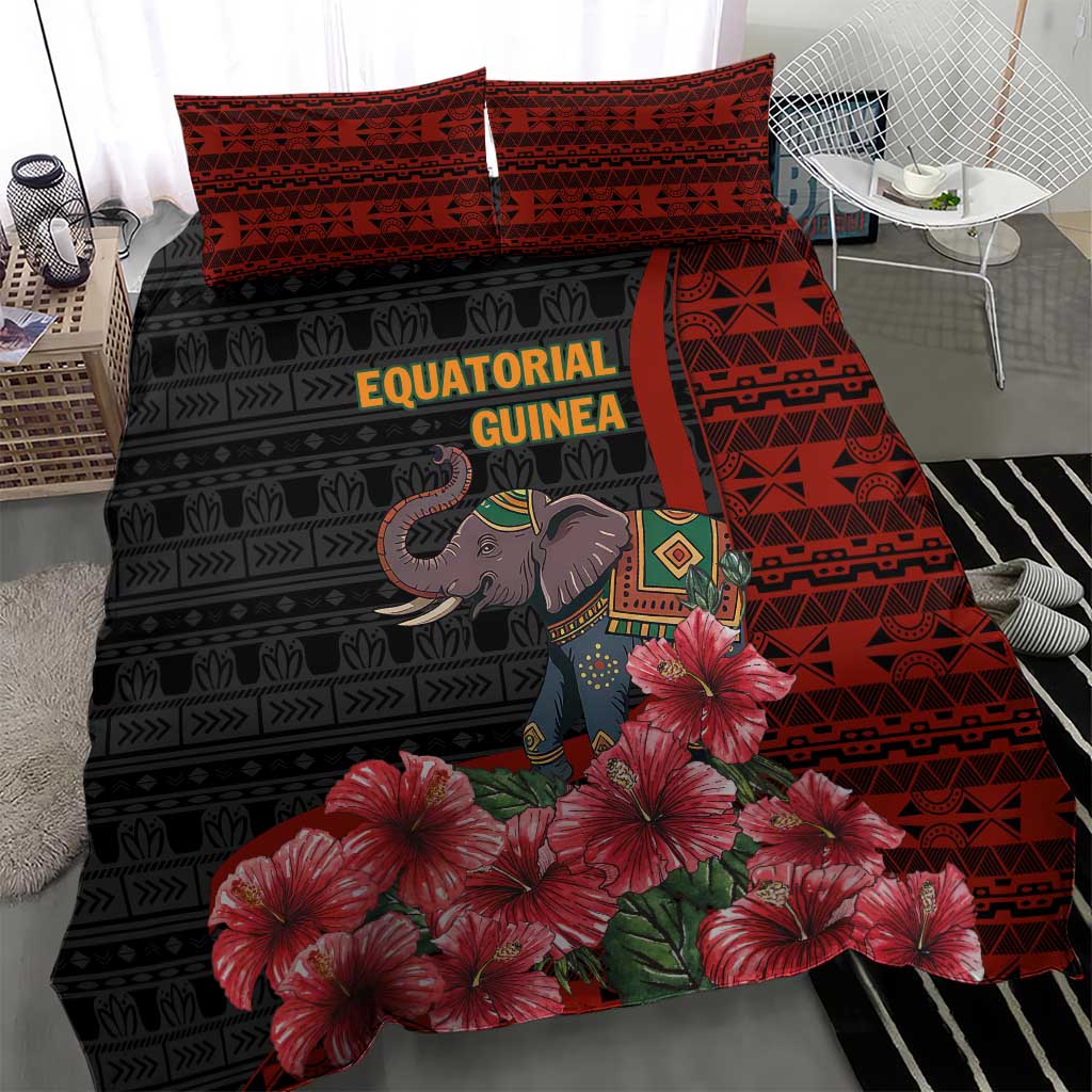 Equatorial Guinea Elephant Bedding Set - Hibiscus Flowers and Tribal Patterns TS04