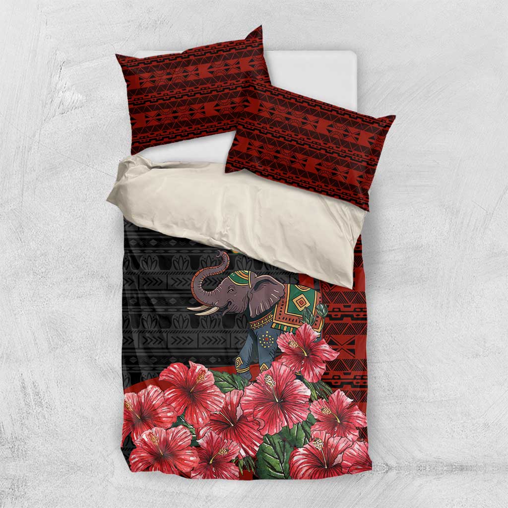 Equatorial Guinea Elephant Bedding Set - Hibiscus Flowers and Tribal Patterns TS04