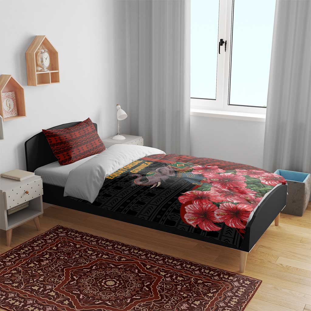 Equatorial Guinea Elephant Bedding Set - Hibiscus Flowers and Tribal Patterns TS04