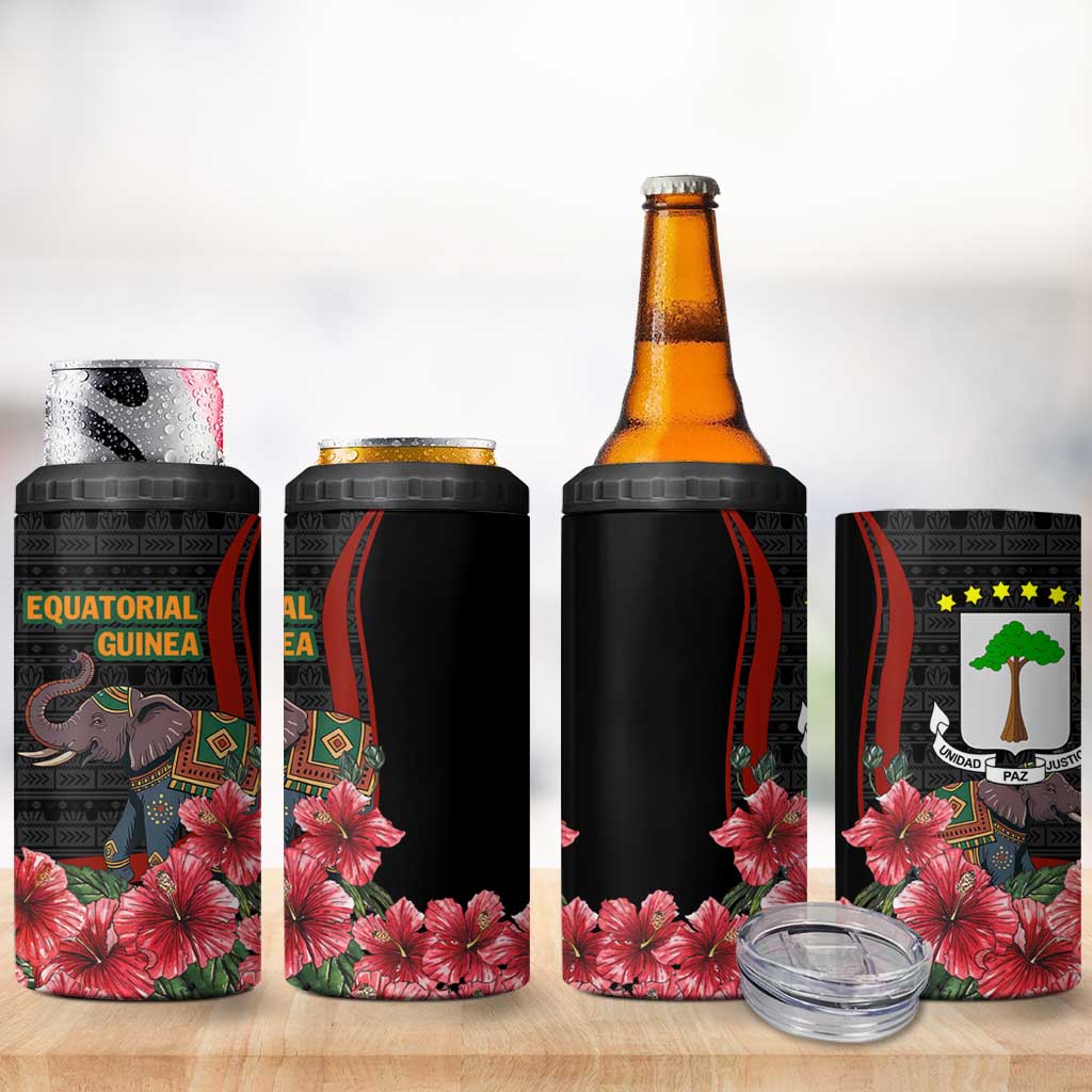 Equatorial Guinea Elephant 4 in 1 Can Cooler Tumbler - Hibiscus Flowers and Tribal Patterns TS04