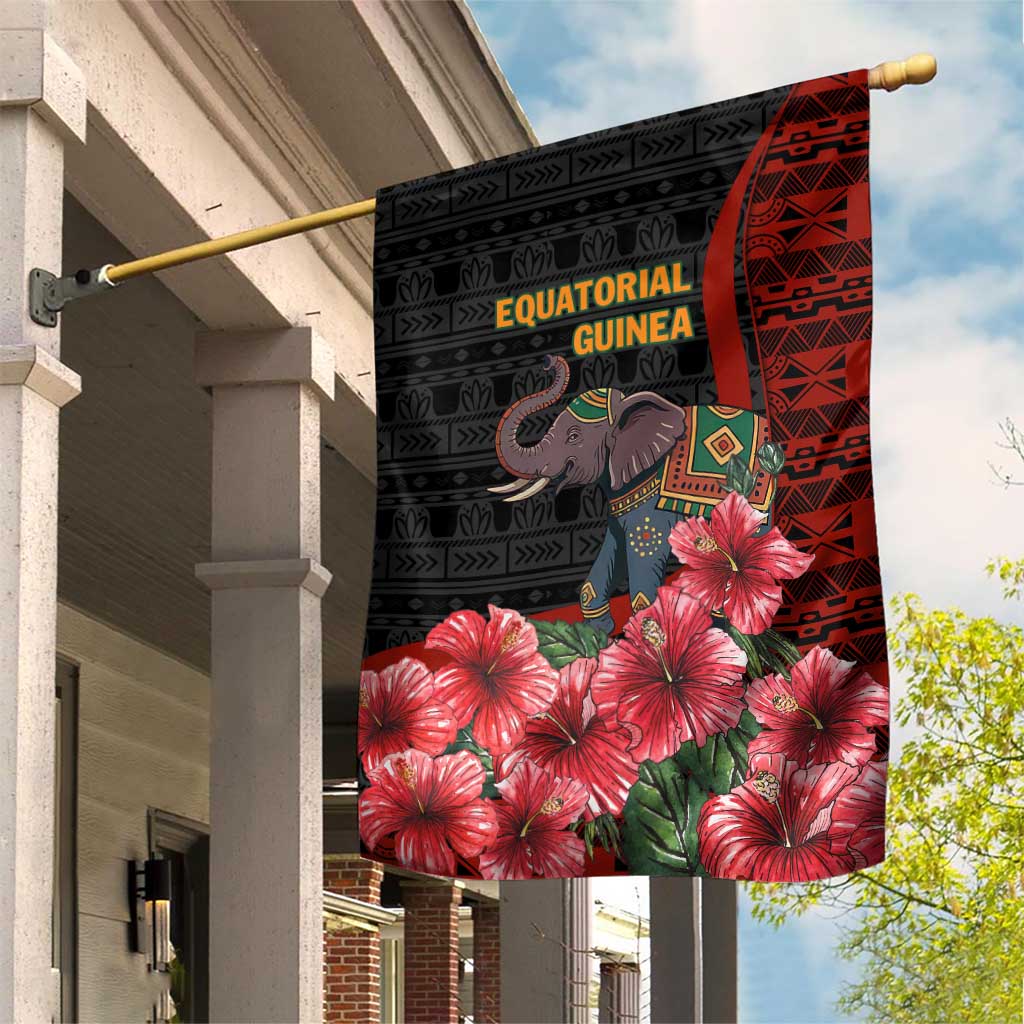 Equatorial Guinea Elephant Garden Flag - Hibiscus Flowers and Tribal Patterns TS04