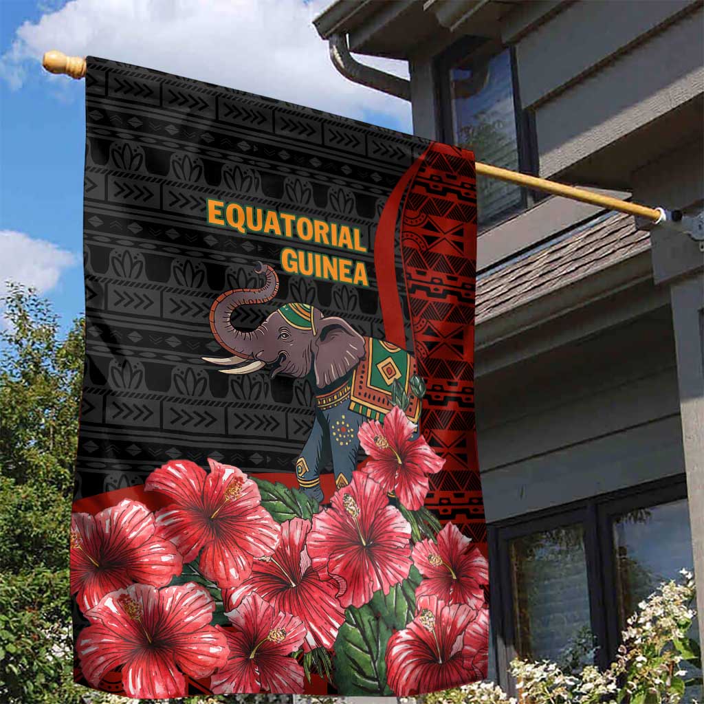 Equatorial Guinea Elephant Garden Flag - Hibiscus Flowers and Tribal Patterns TS04