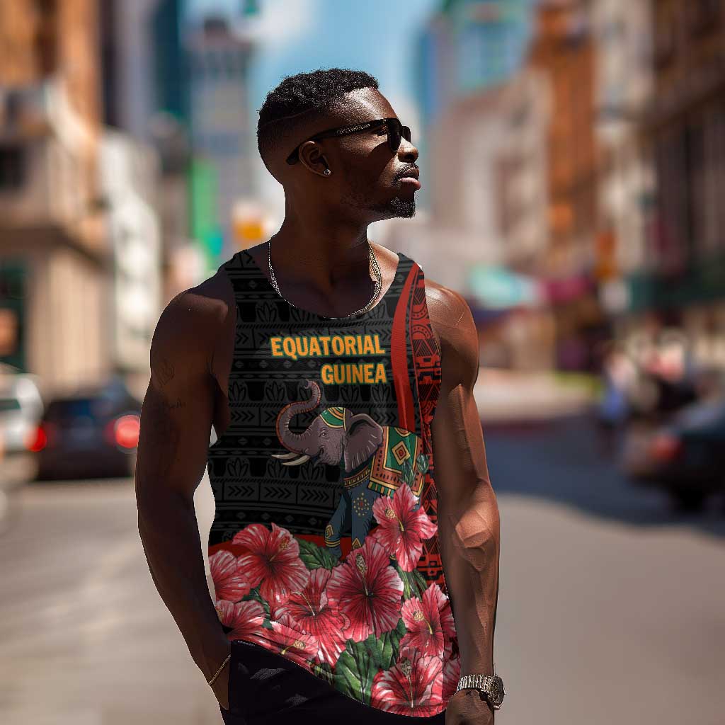 Equatorial Guinea Elephant Men Tank Top - Hibiscus Flowers and Tribal Patterns TS04