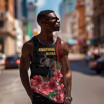Equatorial Guinea Elephant Men Tank Top - Hibiscus Flowers and Tribal Patterns TS04