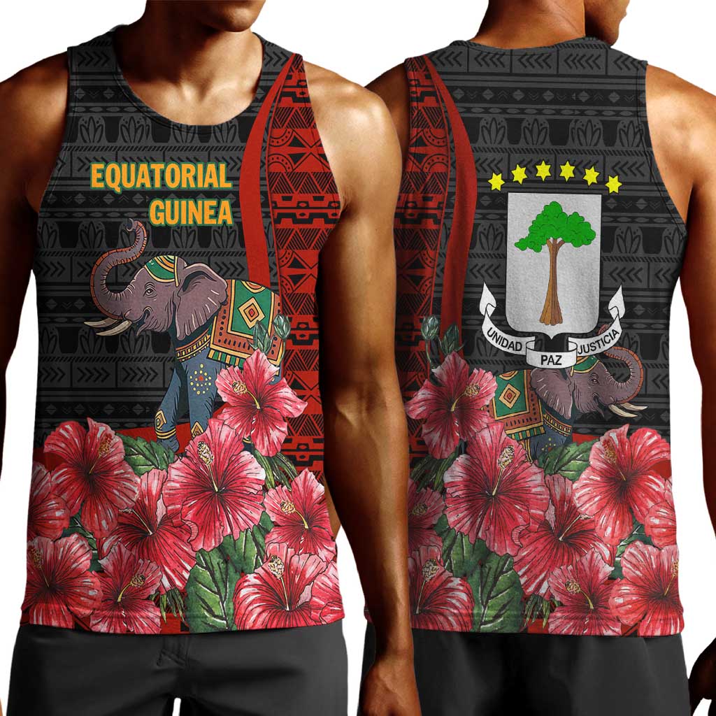 Equatorial Guinea Elephant Men Tank Top - Hibiscus Flowers and Tribal Patterns TS04