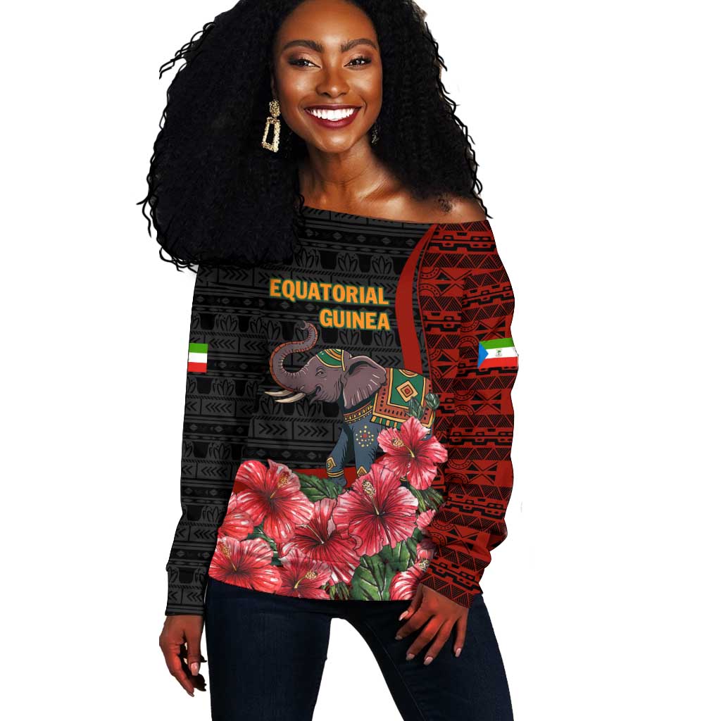 Equatorial Guinea Elephant Off Shoulder Sweater - Hibiscus Flowers and Tribal Patterns TS04