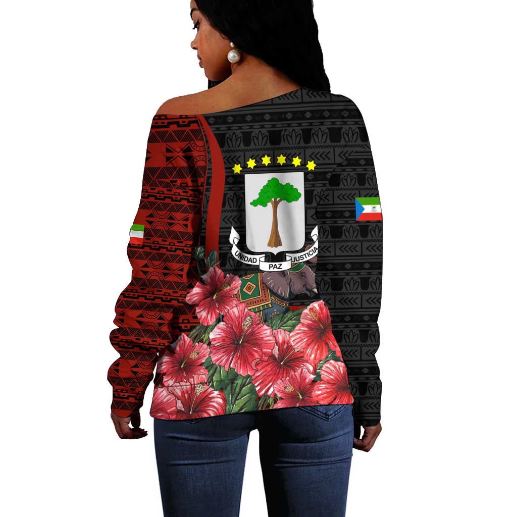 Equatorial Guinea Elephant Off Shoulder Sweater - Hibiscus Flowers and Tribal Patterns TS04