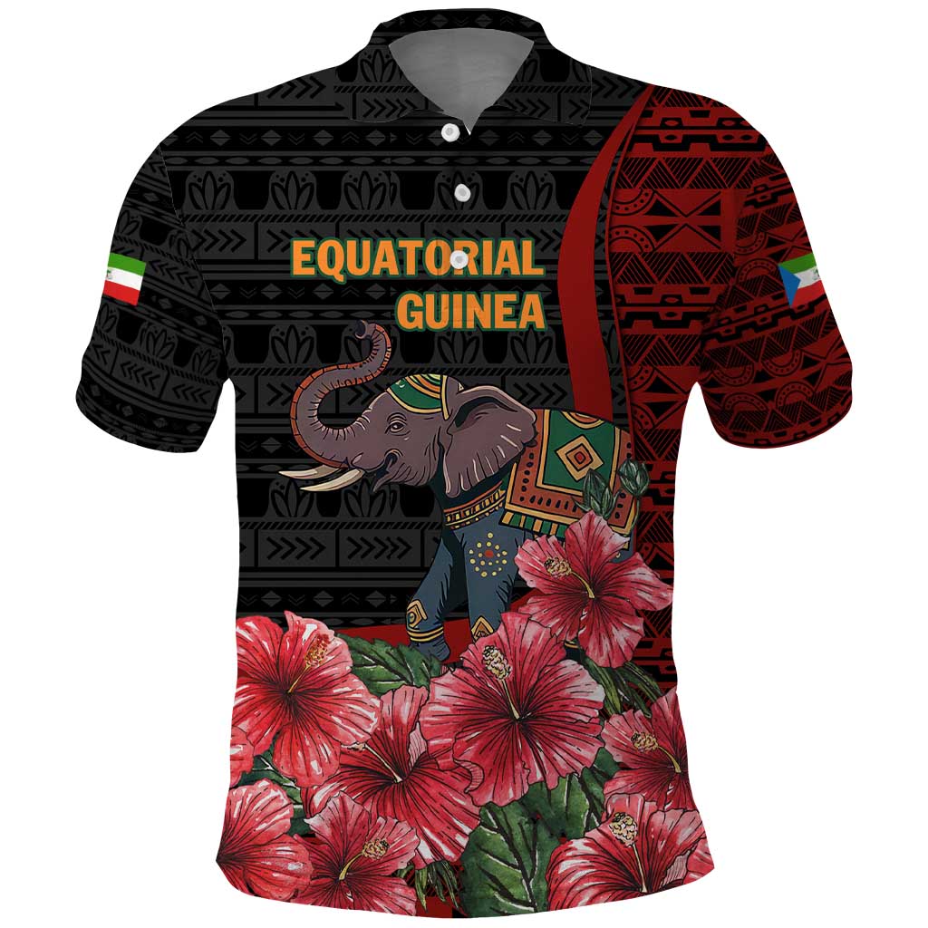 Equatorial Guinea Elephant Polo Shirt with Hibiscus Flowers and Tribal Patterns TS04