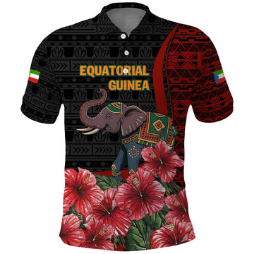 Equatorial Guinea Elephant Polo Shirt with Hibiscus Flowers and Tribal Patterns TS04