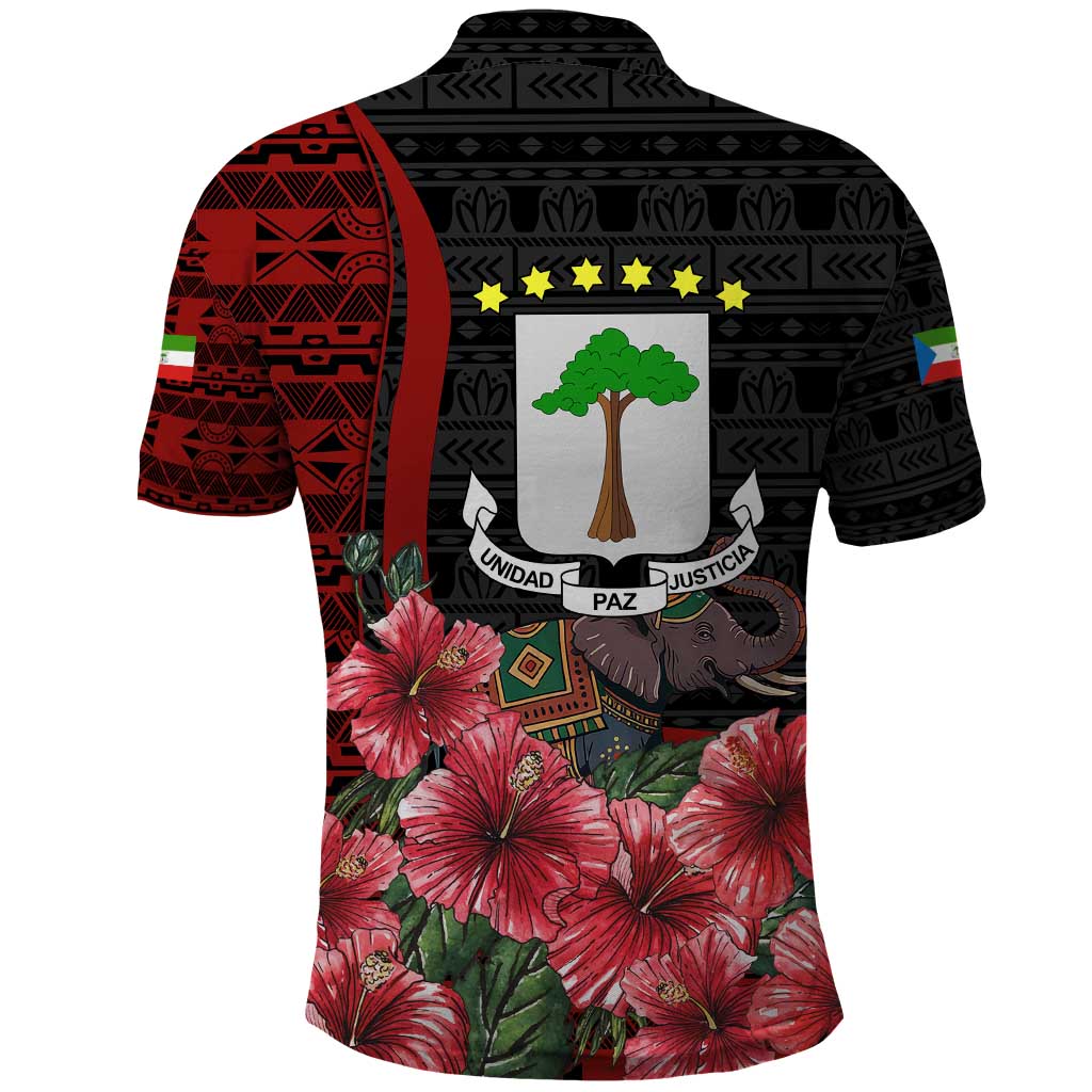 Equatorial Guinea Elephant Polo Shirt with Hibiscus Flowers and Tribal Patterns TS04