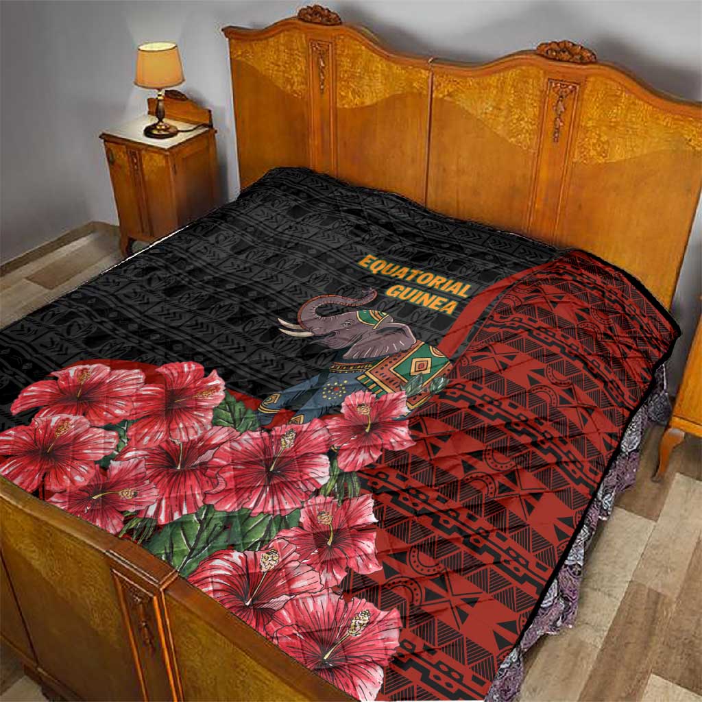 Equatorial Guinea Elephant Quilt - Hibiscus Flowers and Tribal Patterns TS04