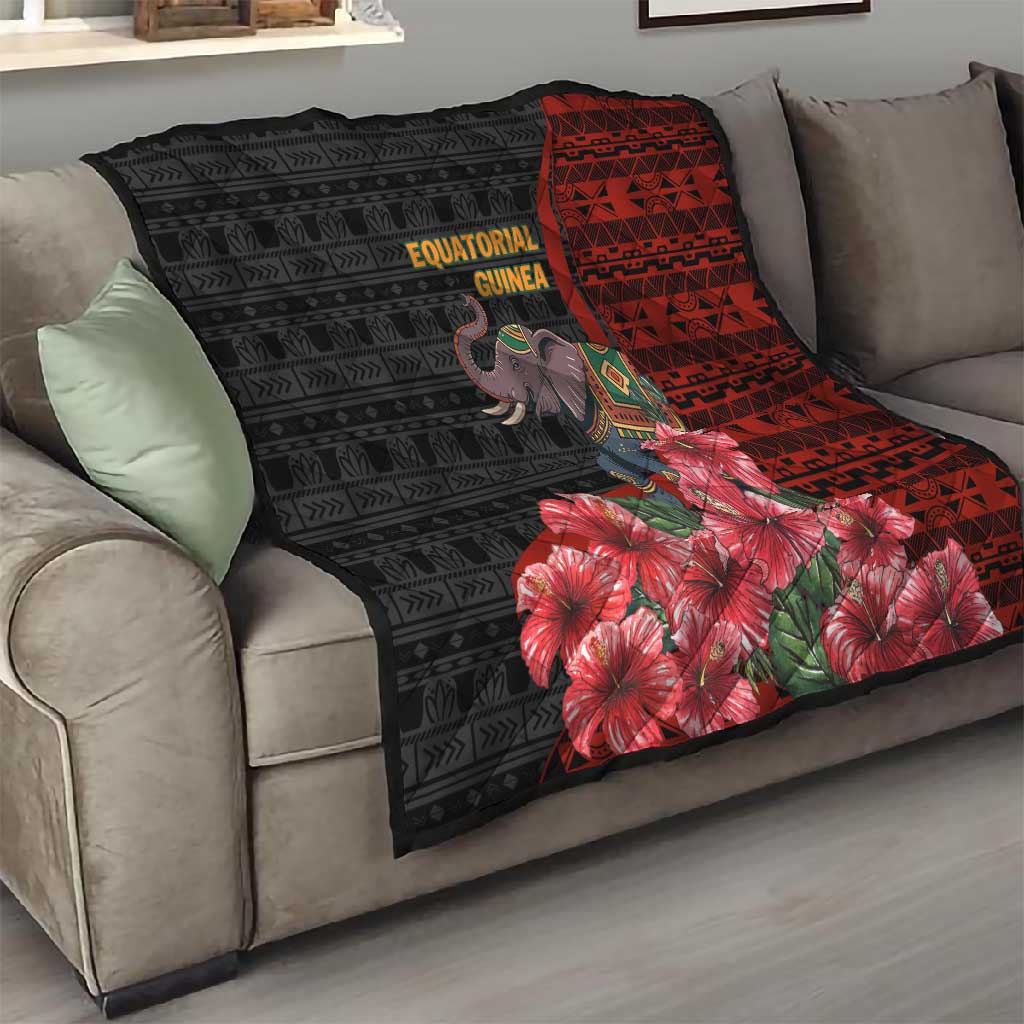 Equatorial Guinea Elephant Quilt - Hibiscus Flowers and Tribal Patterns TS04