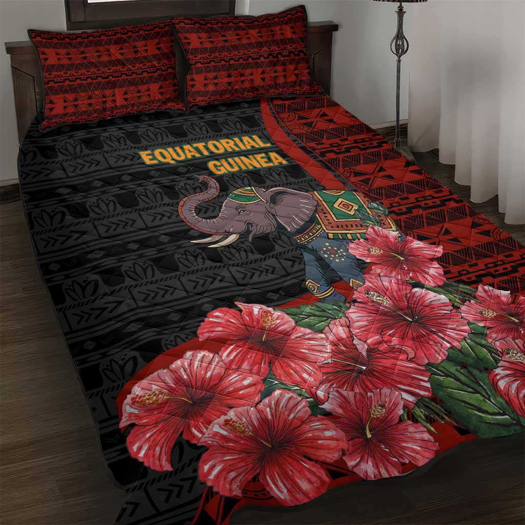 Equatorial Guinea Elephant Quilt Bed Set - Hibiscus Flowers and Tribal Patterns TS04