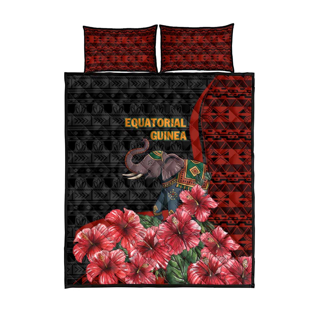 Equatorial Guinea Elephant Quilt Bed Set - Hibiscus Flowers and Tribal Patterns TS04