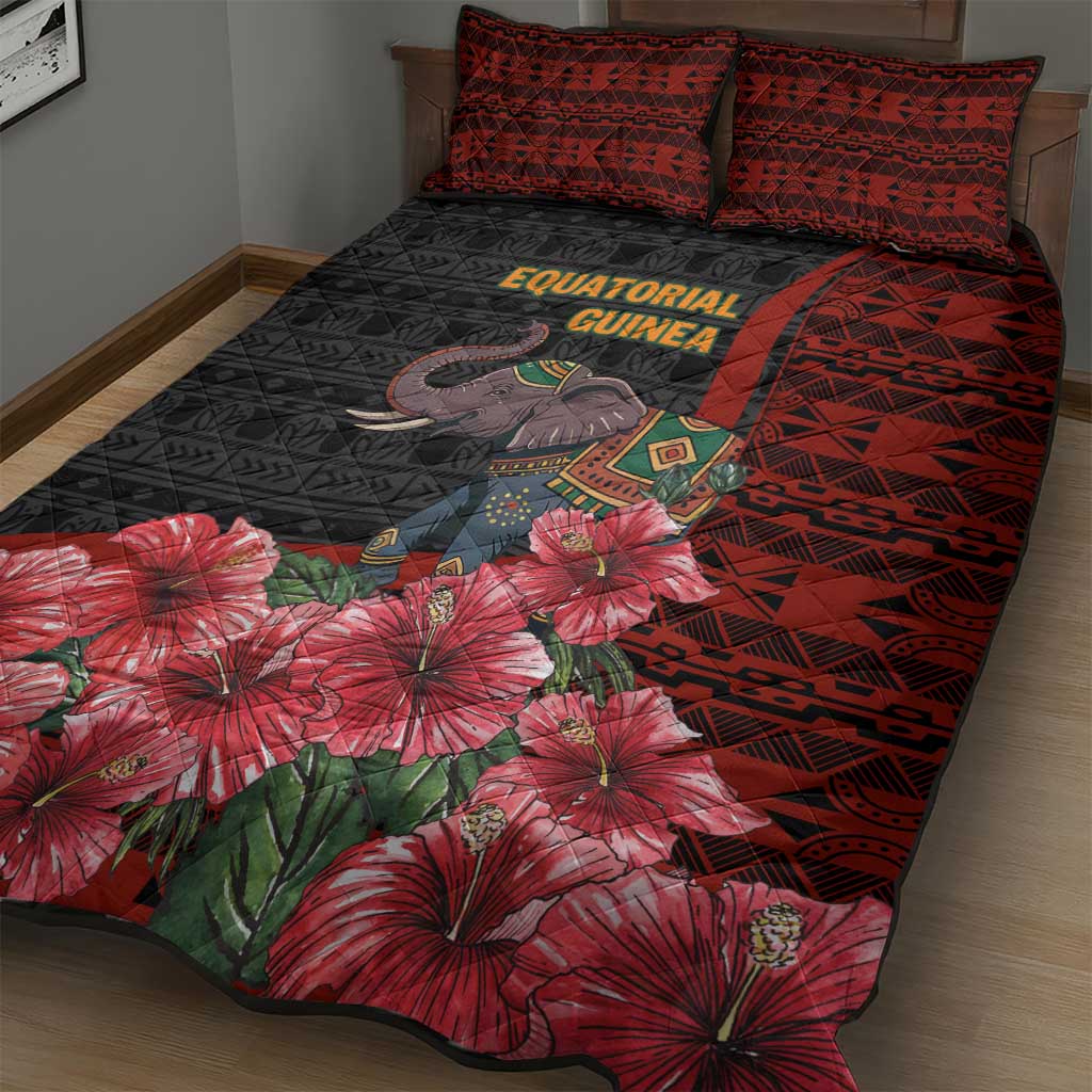 Equatorial Guinea Elephant Quilt Bed Set - Hibiscus Flowers and Tribal Patterns TS04