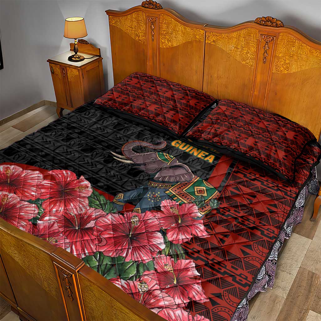 Equatorial Guinea Elephant Quilt Bed Set - Hibiscus Flowers and Tribal Patterns TS04