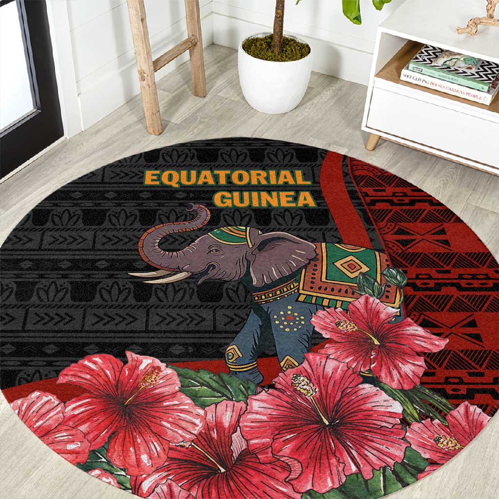 Equatorial Guinea Elephant Round Carpet - Hibiscus Flowers and Tribal Patterns TS04