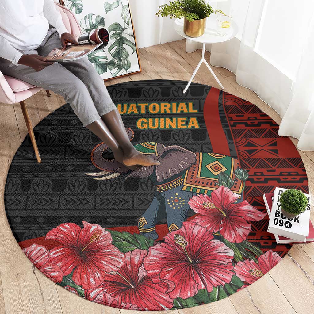 Equatorial Guinea Elephant Round Carpet - Hibiscus Flowers and Tribal Patterns TS04