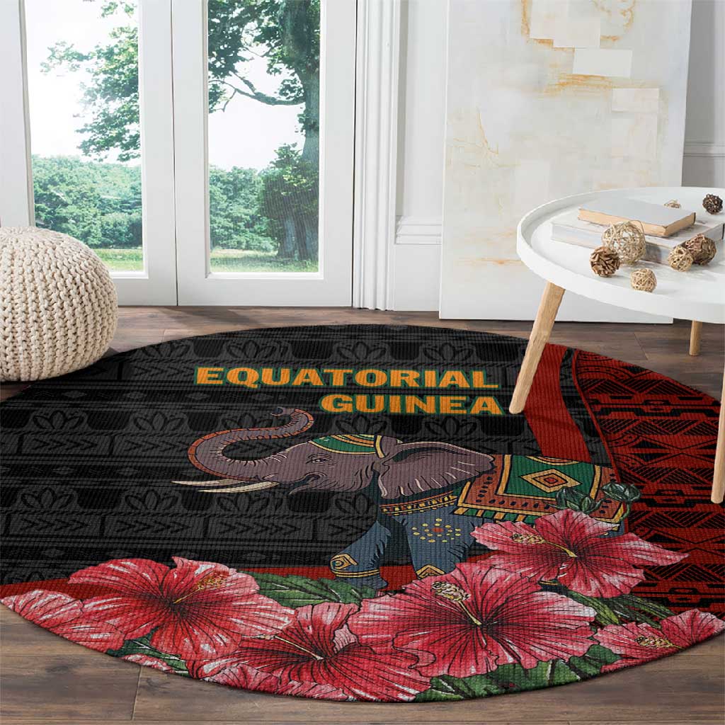 Equatorial Guinea Elephant Round Carpet - Hibiscus Flowers and Tribal Patterns TS04