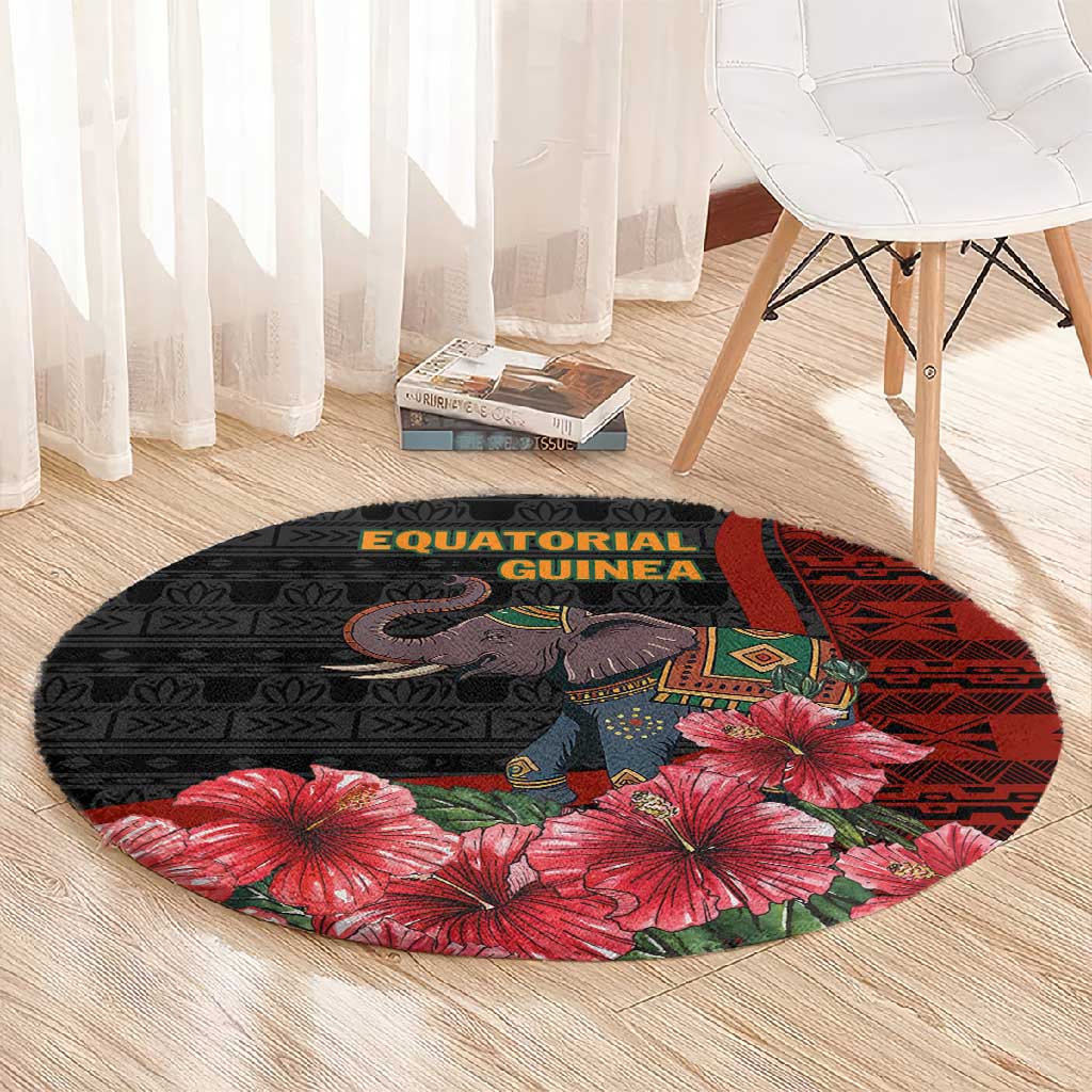 Equatorial Guinea Elephant Round Carpet - Hibiscus Flowers and Tribal Patterns TS04
