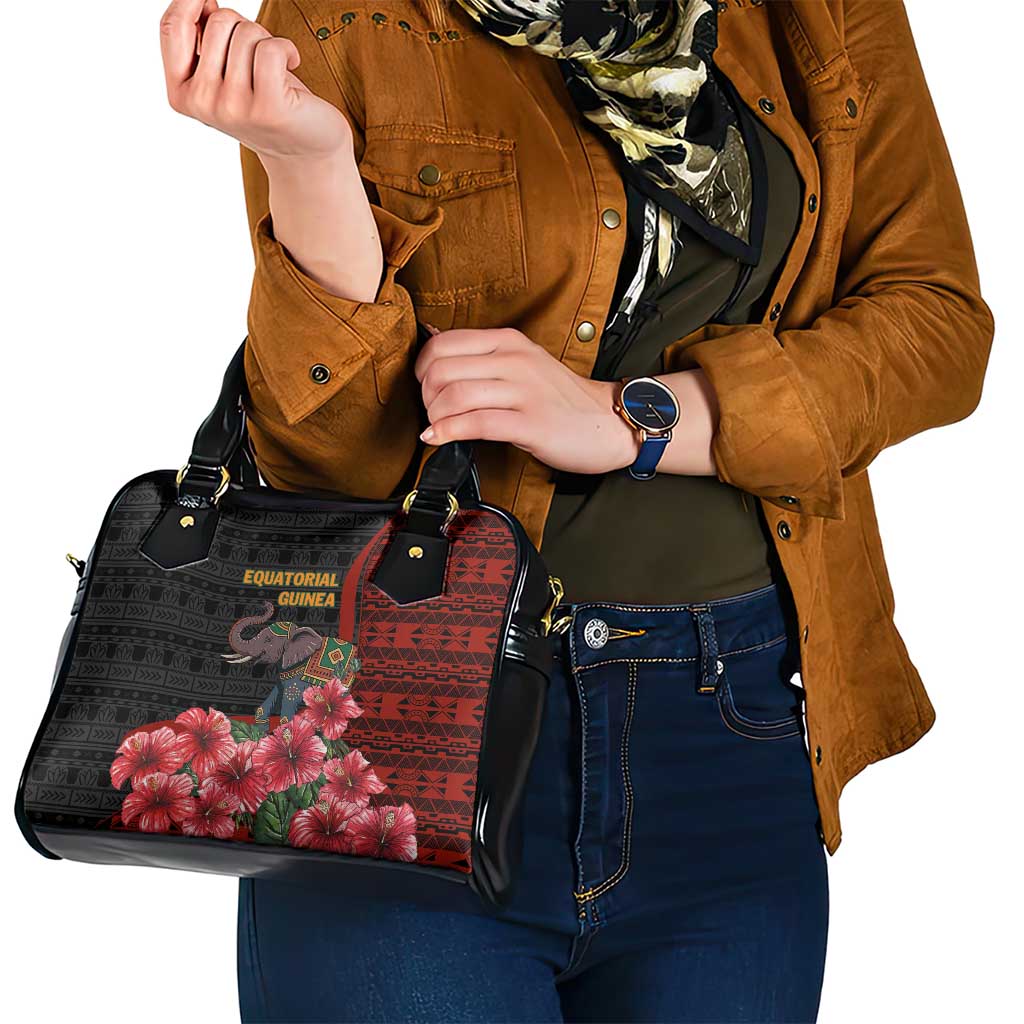 Equatorial Guinea Elephant Shoulder Handbag with Hibiscus Flowers and Tribal Patterns TS04
