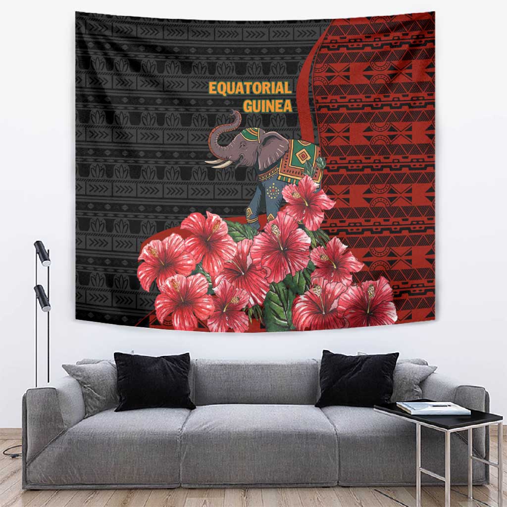 Equatorial Guinea Elephant Tapestry - Hibiscus Flowers and Tribal Patterns TS04