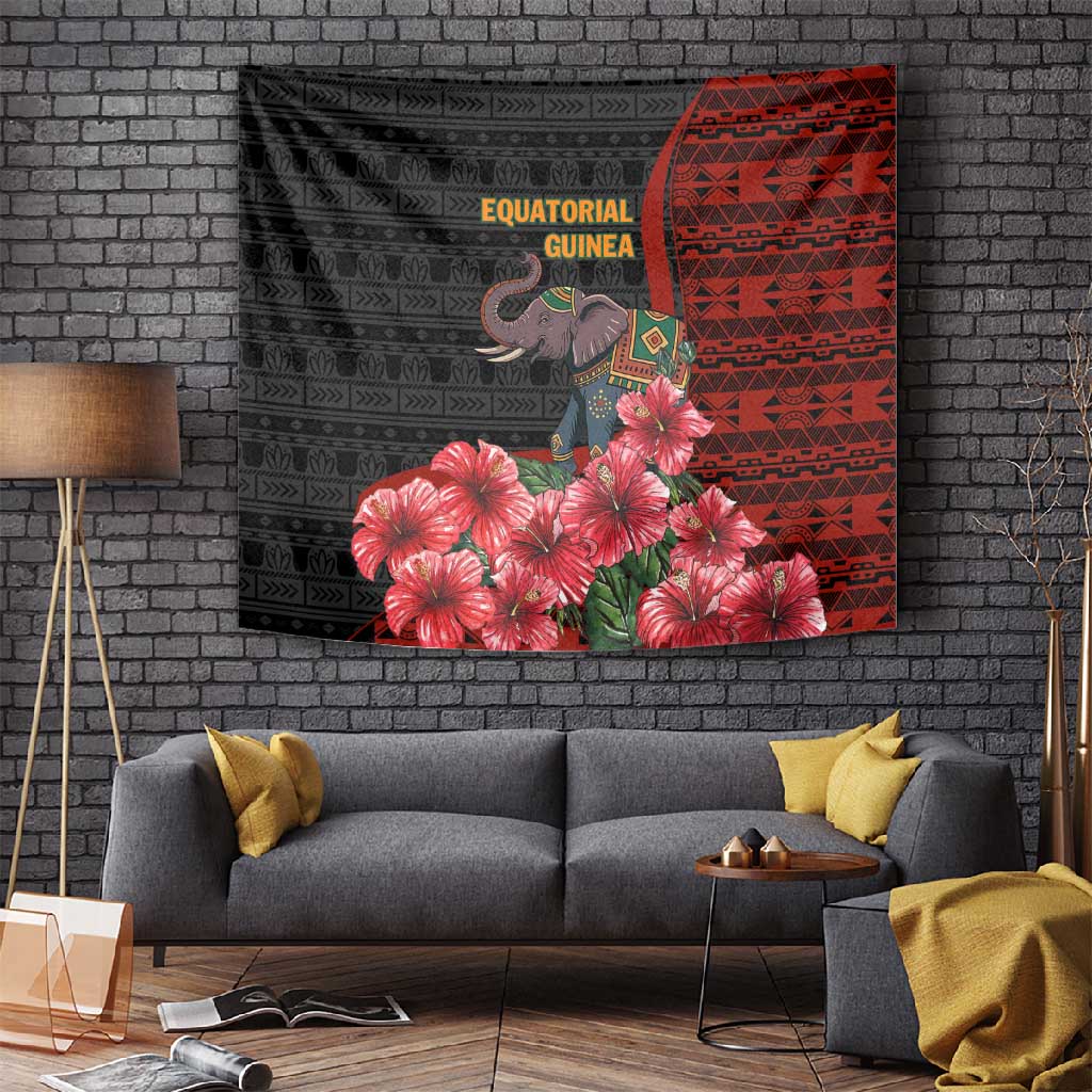 Equatorial Guinea Elephant Tapestry - Hibiscus Flowers and Tribal Patterns TS04