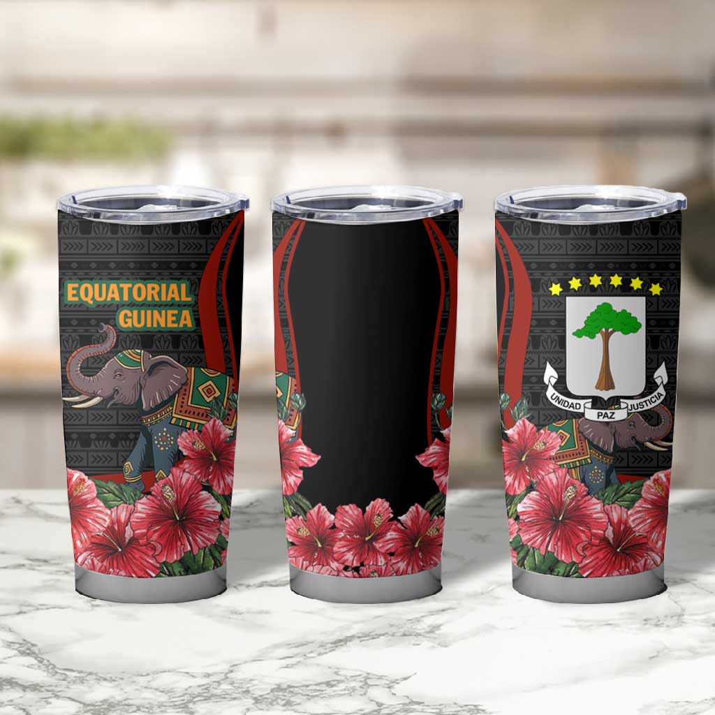 Equatorial Guinea Elephant Tumbler Cup - Hibiscus Flowers and Tribal Patterns TS04