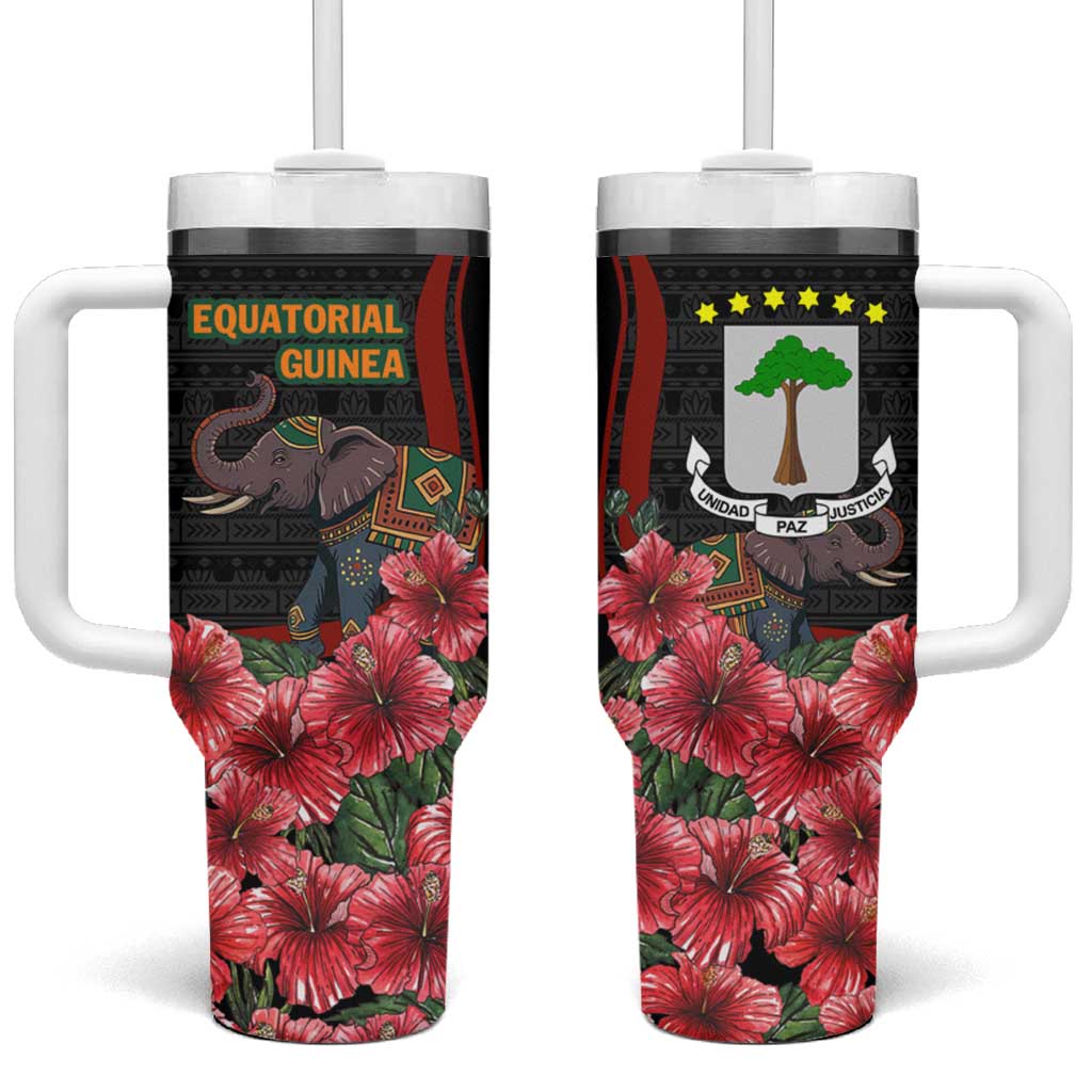Equatorial Guinea Elephant Tumbler With Handle - Hibiscus Flowers and Tribal Patterns TS04