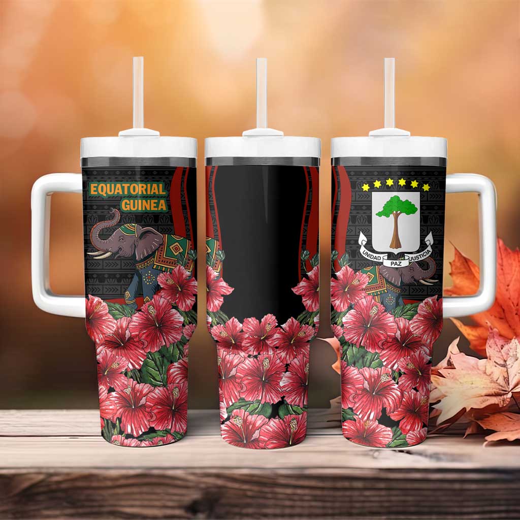 Equatorial Guinea Elephant Tumbler With Handle - Hibiscus Flowers and Tribal Patterns TS04