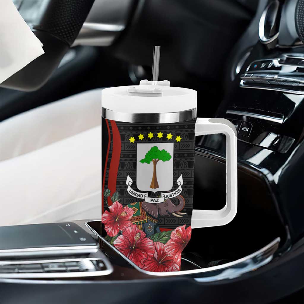 Equatorial Guinea Elephant Tumbler With Handle - Hibiscus Flowers and Tribal Patterns TS04