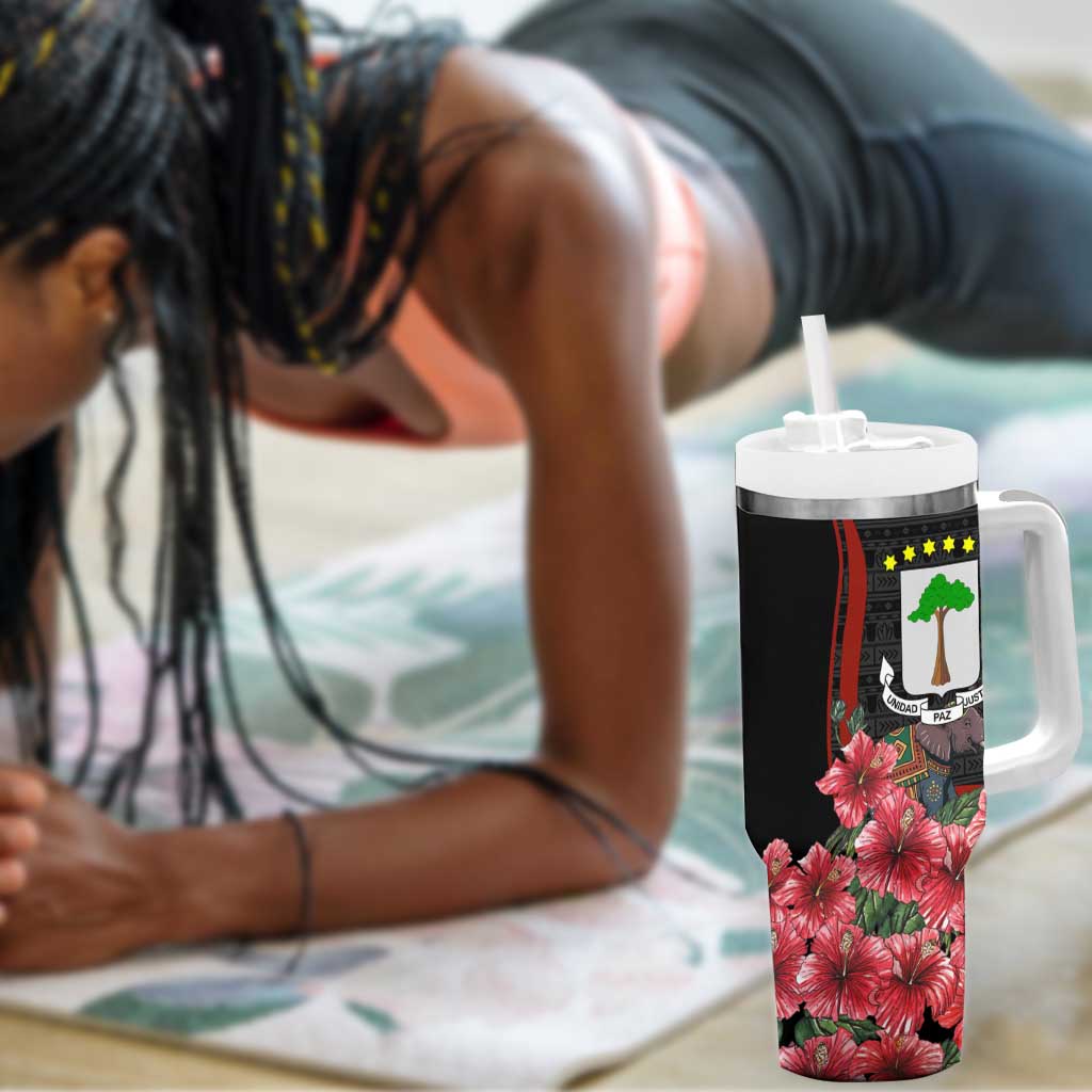 Equatorial Guinea Elephant Tumbler With Handle - Hibiscus Flowers and Tribal Patterns TS04
