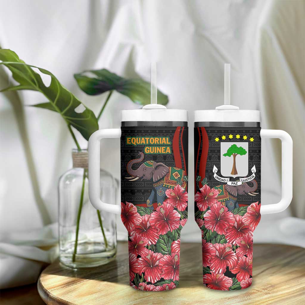 Equatorial Guinea Elephant Tumbler With Handle - Hibiscus Flowers and Tribal Patterns TS04