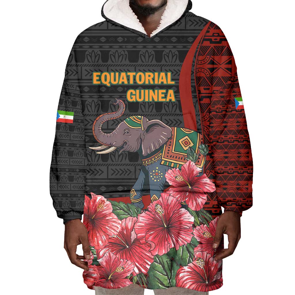 Equatorial Guinea Elephant Wearable Blanket Hoodie - Hibiscus Flowers and Tribal Patterns TS04