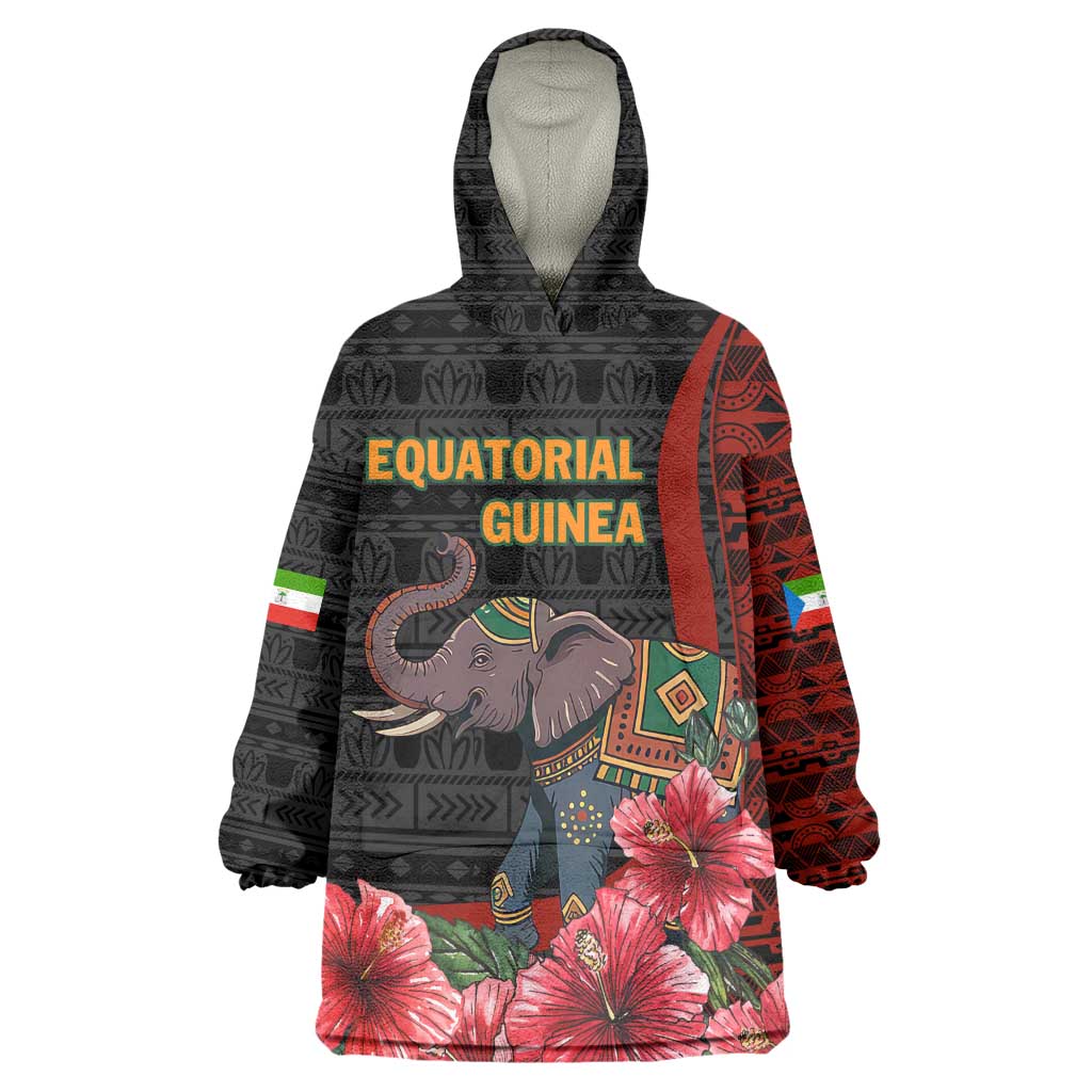 Equatorial Guinea Elephant Wearable Blanket Hoodie - Hibiscus Flowers and Tribal Patterns TS04