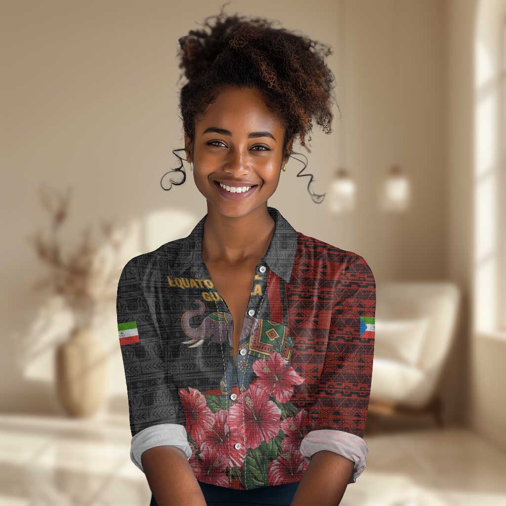Equatorial Guinea Elephant Women Casual Shirt - Hibiscus Flowers and Tribal Patterns TS04