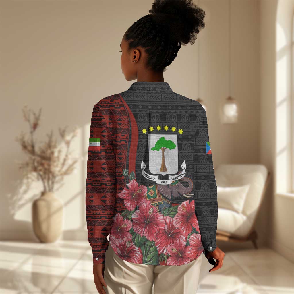 Equatorial Guinea Elephant Women Casual Shirt - Hibiscus Flowers and Tribal Patterns TS04