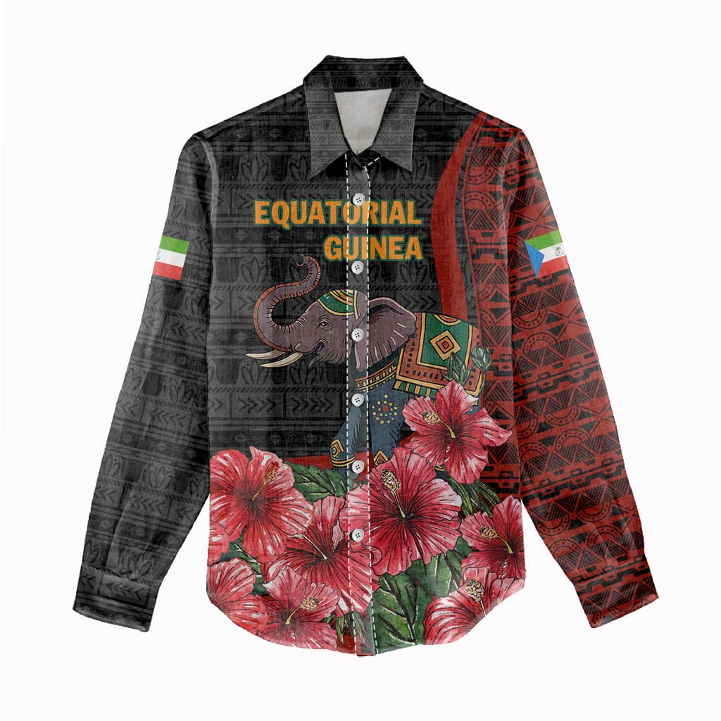 Equatorial Guinea Elephant Women Casual Shirt - Hibiscus Flowers and Tribal Patterns TS04