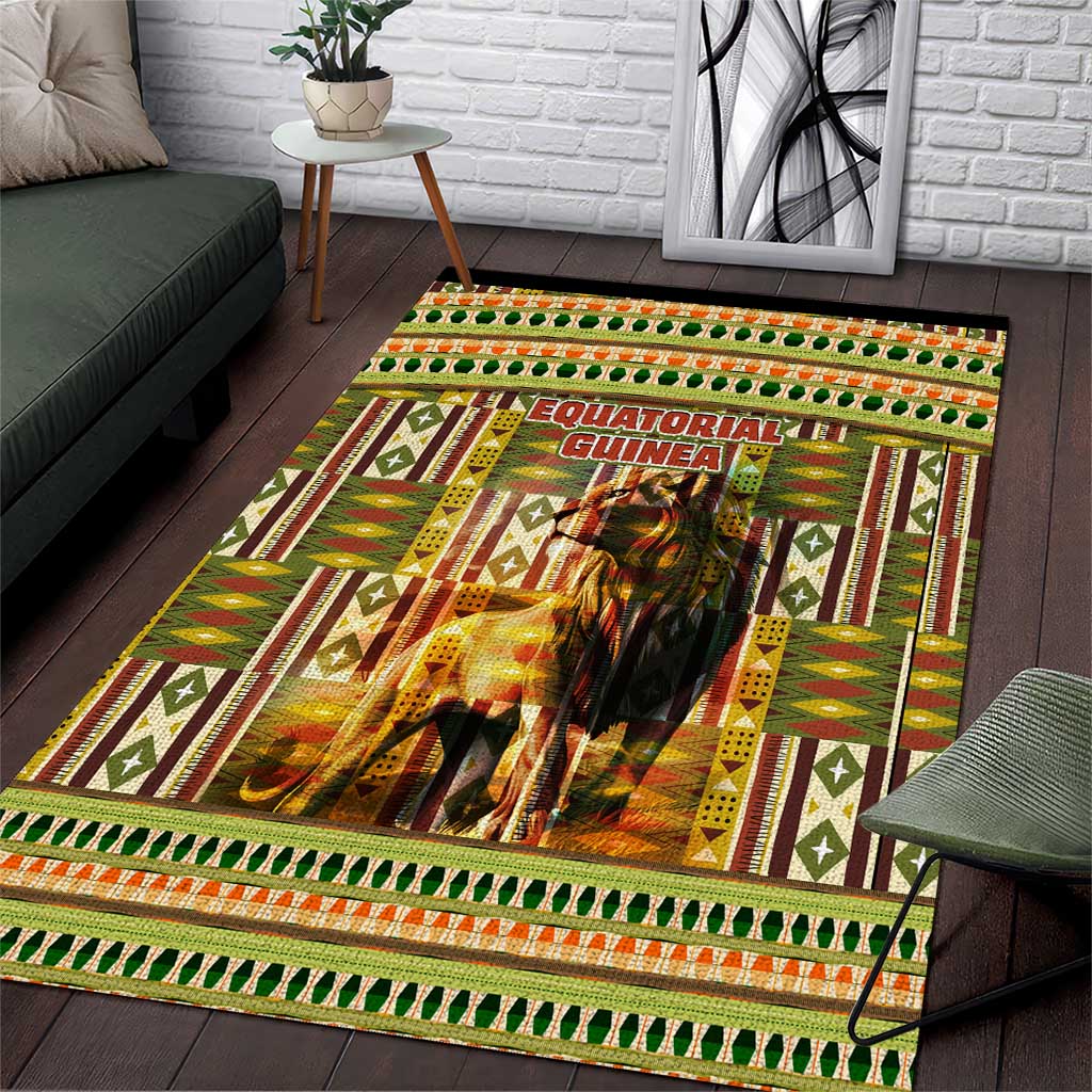 Equatorial Guinea Area Rug - Lion Print and Traditional African Kente Patterns TS04
