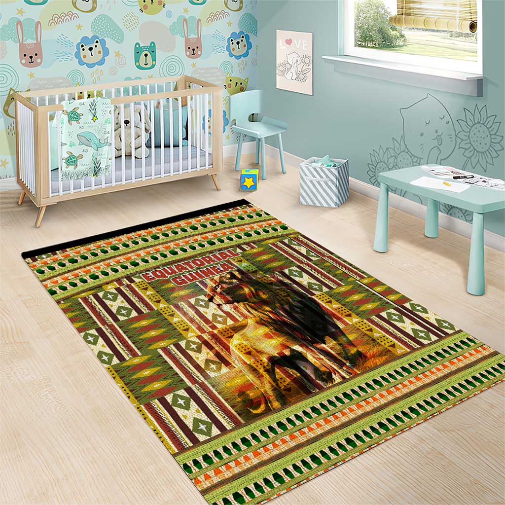 Equatorial Guinea Area Rug - Lion Print and Traditional African Kente Patterns TS04