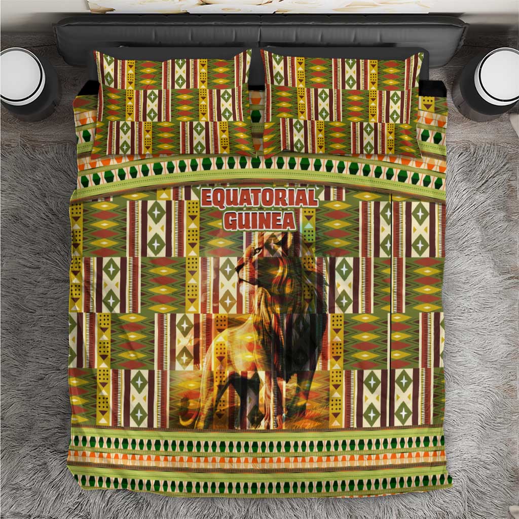 Equatorial Guinea Bedding Set - Lion Print and Traditional African Kente Patterns TS04