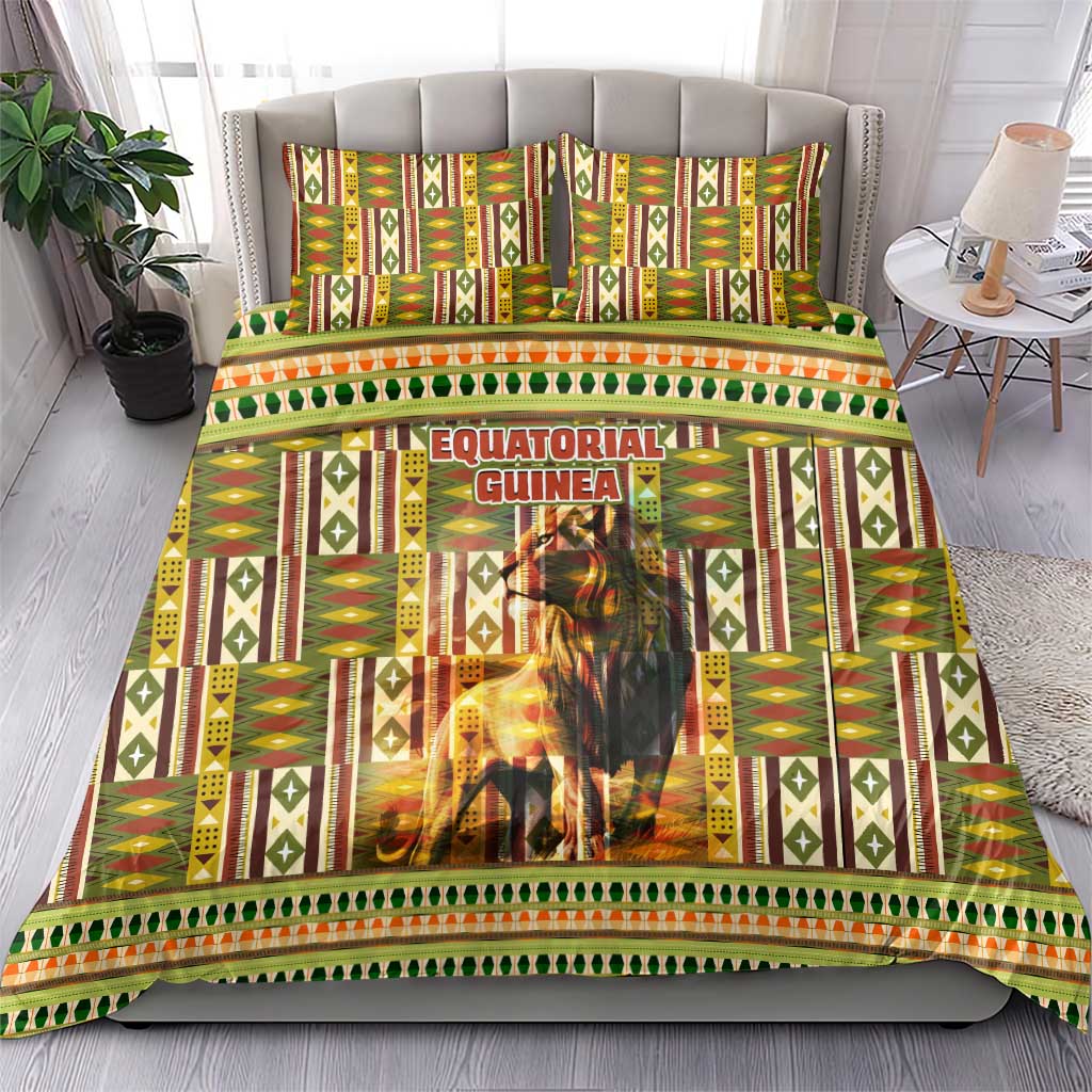 Equatorial Guinea Bedding Set - Lion Print and Traditional African Kente Patterns TS04