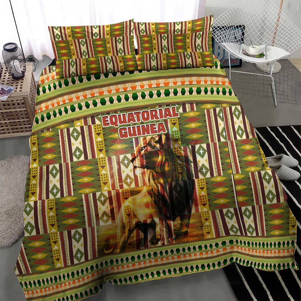 Equatorial Guinea Bedding Set - Lion Print and Traditional African Kente Patterns TS04