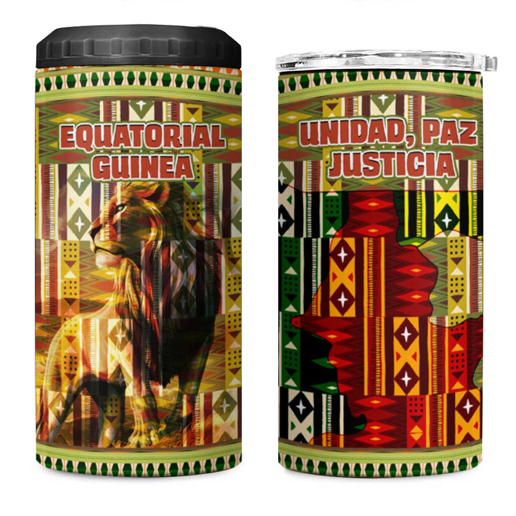 Equatorial Guinea 4 in 1 Can Cooler Tumbler - Lion Print and Traditional African Kente Patterns TS04