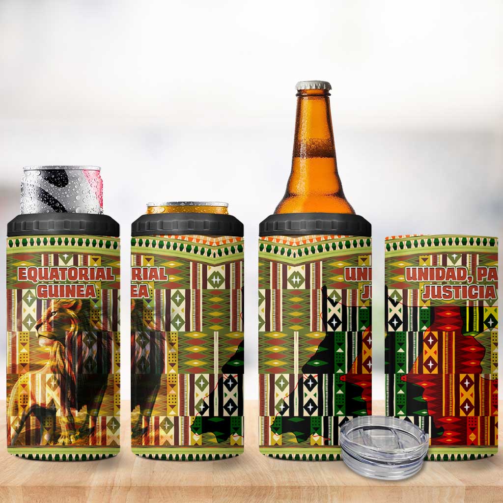 Equatorial Guinea 4 in 1 Can Cooler Tumbler - Lion Print and Traditional African Kente Patterns TS04
