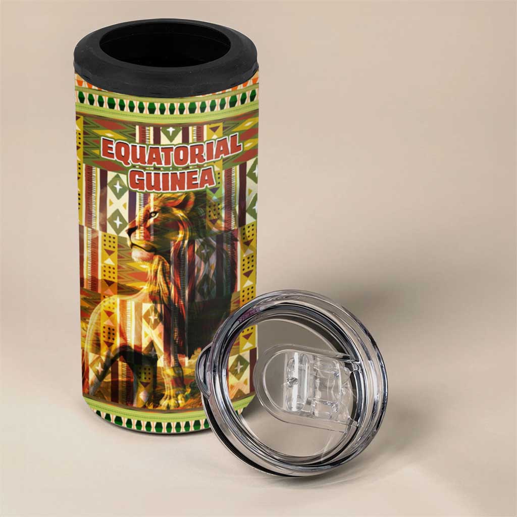 Equatorial Guinea 4 in 1 Can Cooler Tumbler - Lion Print and Traditional African Kente Patterns TS04