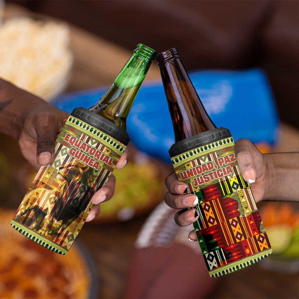 Equatorial Guinea 4 in 1 Can Cooler Tumbler - Lion Print and Traditional African Kente Patterns TS04