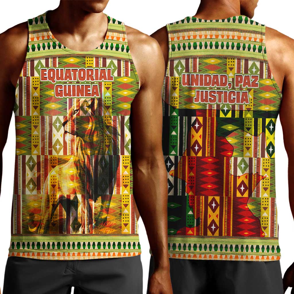 Equatorial Guinea Men Tank Top - Lion Print and Traditional African Kente Patterns TS04