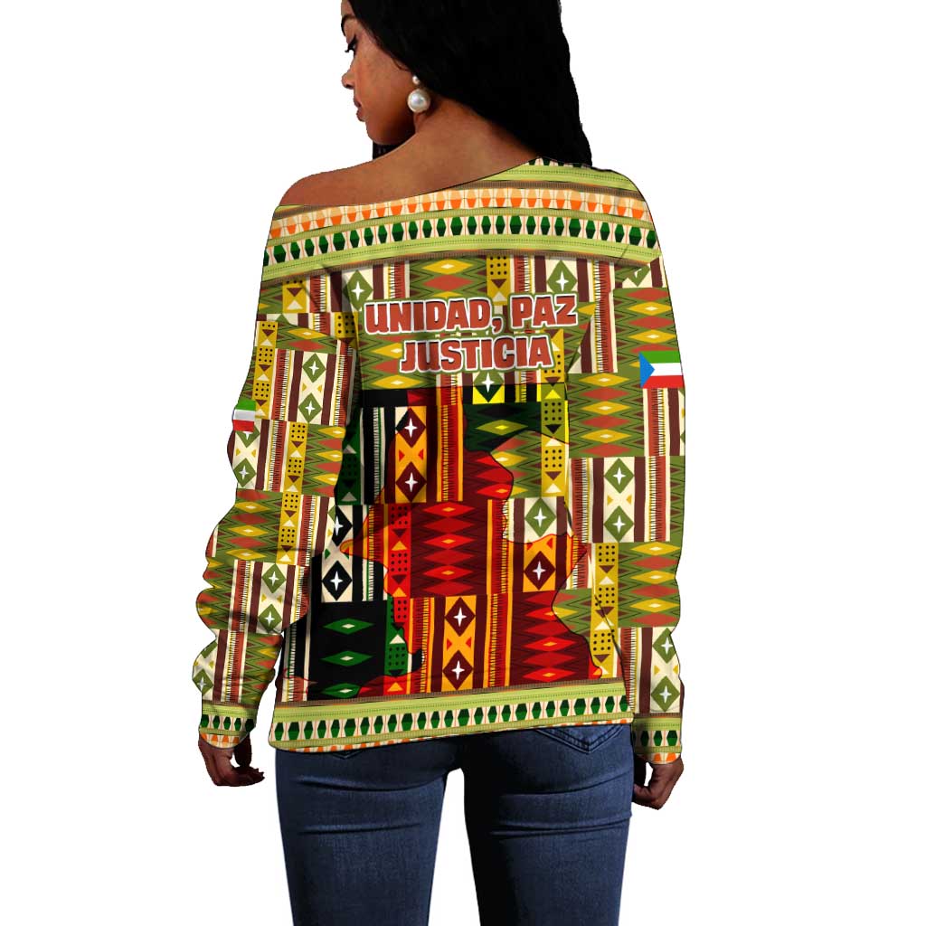 Equatorial Guinea Off Shoulder Sweater - Lion Print and Traditional African Kente Patterns TS04